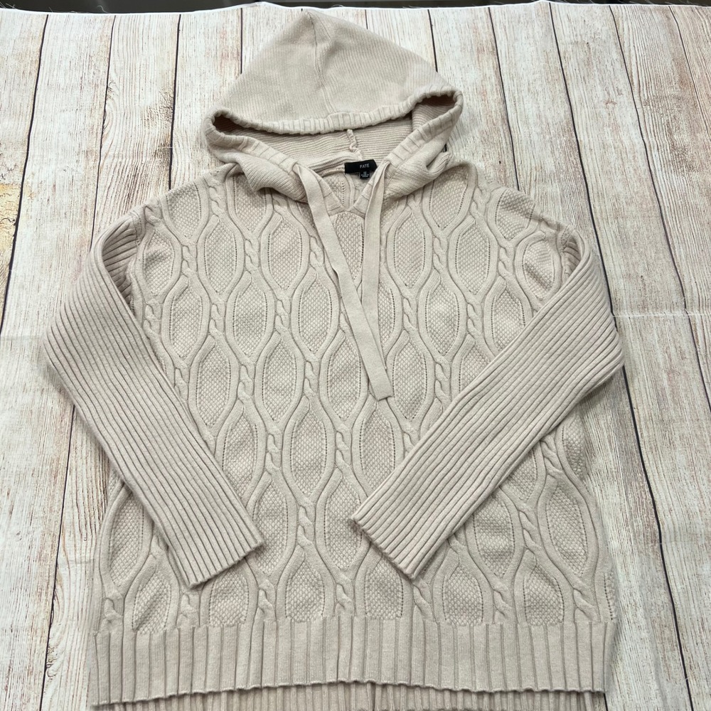 Fate Womens Beige Cable Knit Hoodie Sweater Ribbed Sleeve CW0606 Size M